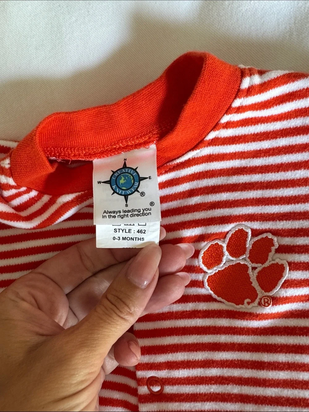 Orange & White Striped Baby One-Piece with  Clemson Tiger Paw Appliqué